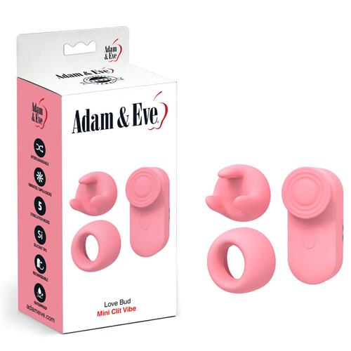 Adam & Eve Love Bud Mini Clit Stimulator With Attachments - Product and Packaging