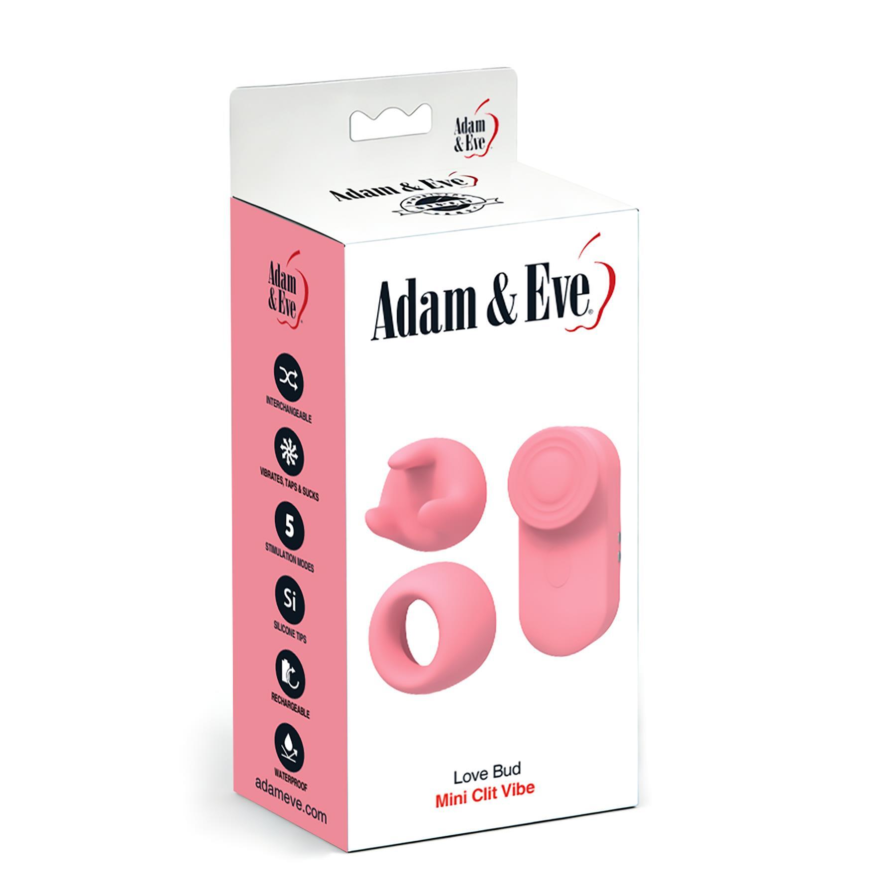Adam & Eve Love Bud Mini Clit Stimulator With Attachments - Front of Packaging
