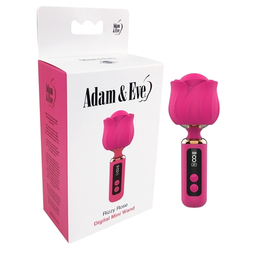 Adam & Eve Rizzy Rose Digital Mini Wand - Product and Packaging - Fuchsia