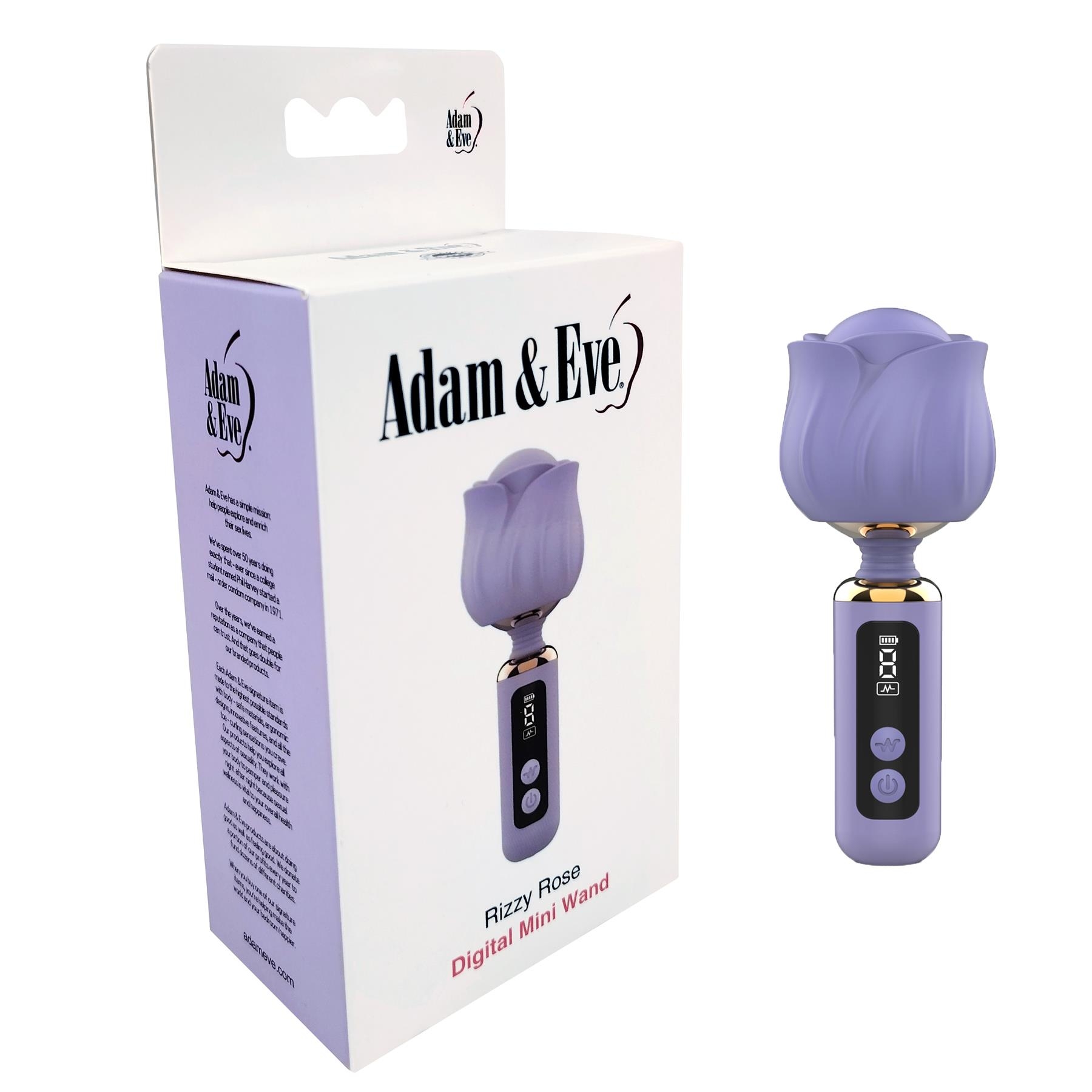 Adam & Eve Rizzy Rose Digital Mini Wand - Product and Packaging - Lilac