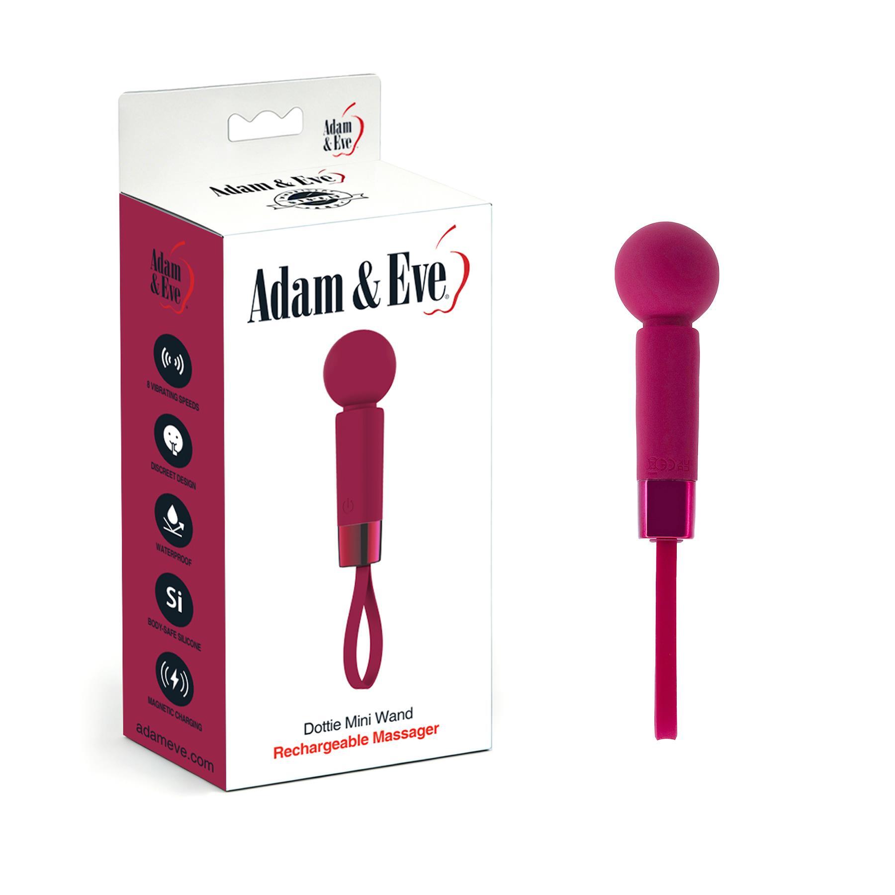 Adam & Eve Dottie Mini Wand Massager - Product and Packaging - Red