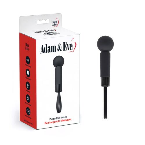 Adam & Eve Dottie Mini Wand Massager - Product and Packaging - Black