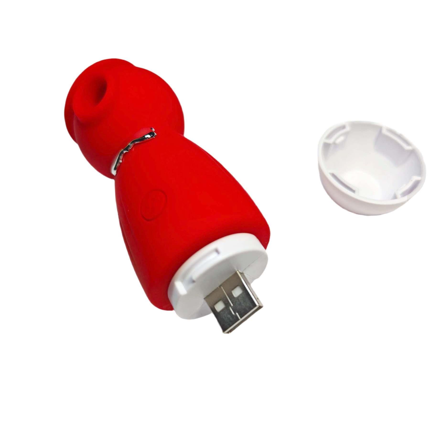 Tuxedo Snowman Suction Massager - Product Shot - With Bottom Off to Show USB Charger