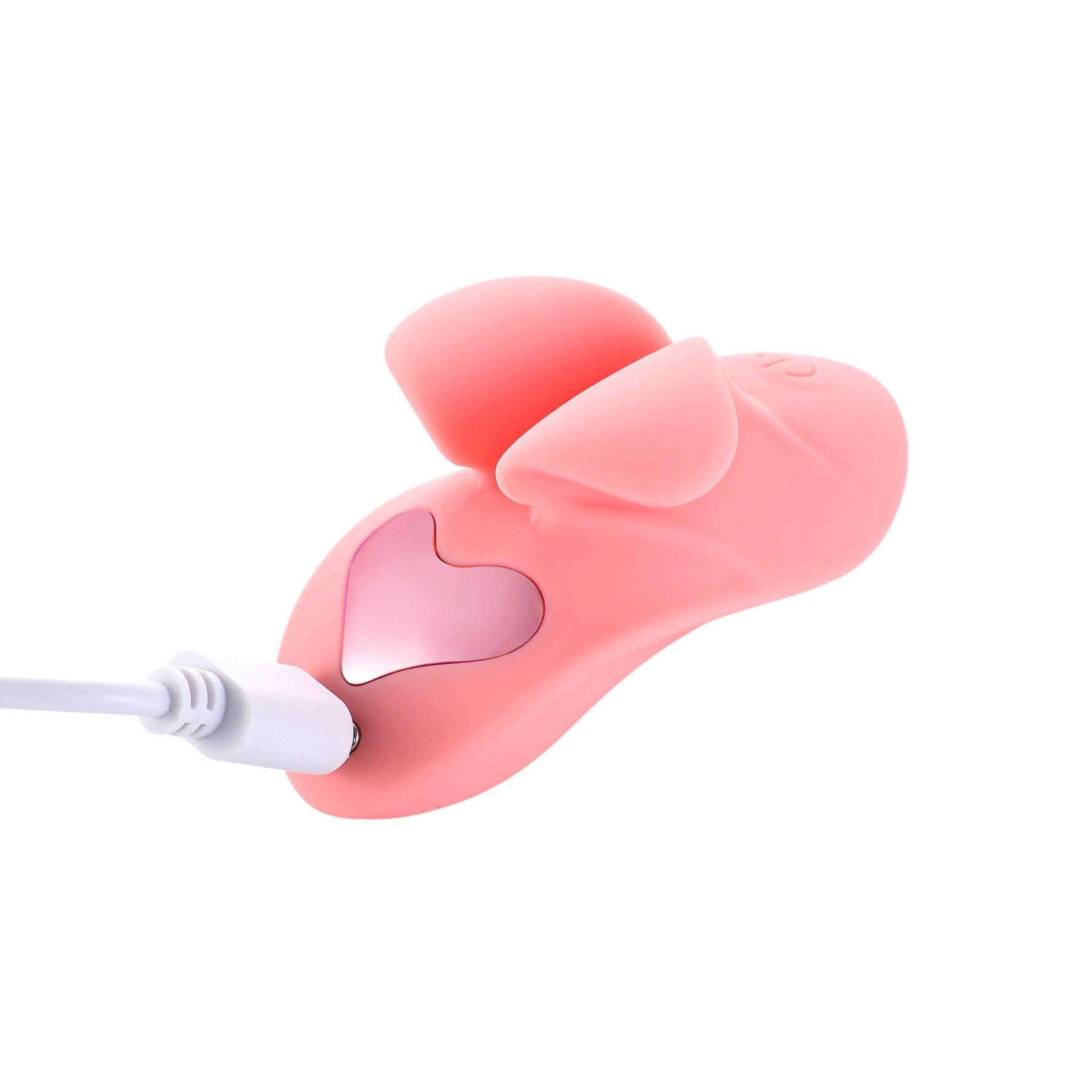 Adam & Eve Dainty Darling Mini Finger Vibe - Showing Where Charging Cord is Placed - Pink