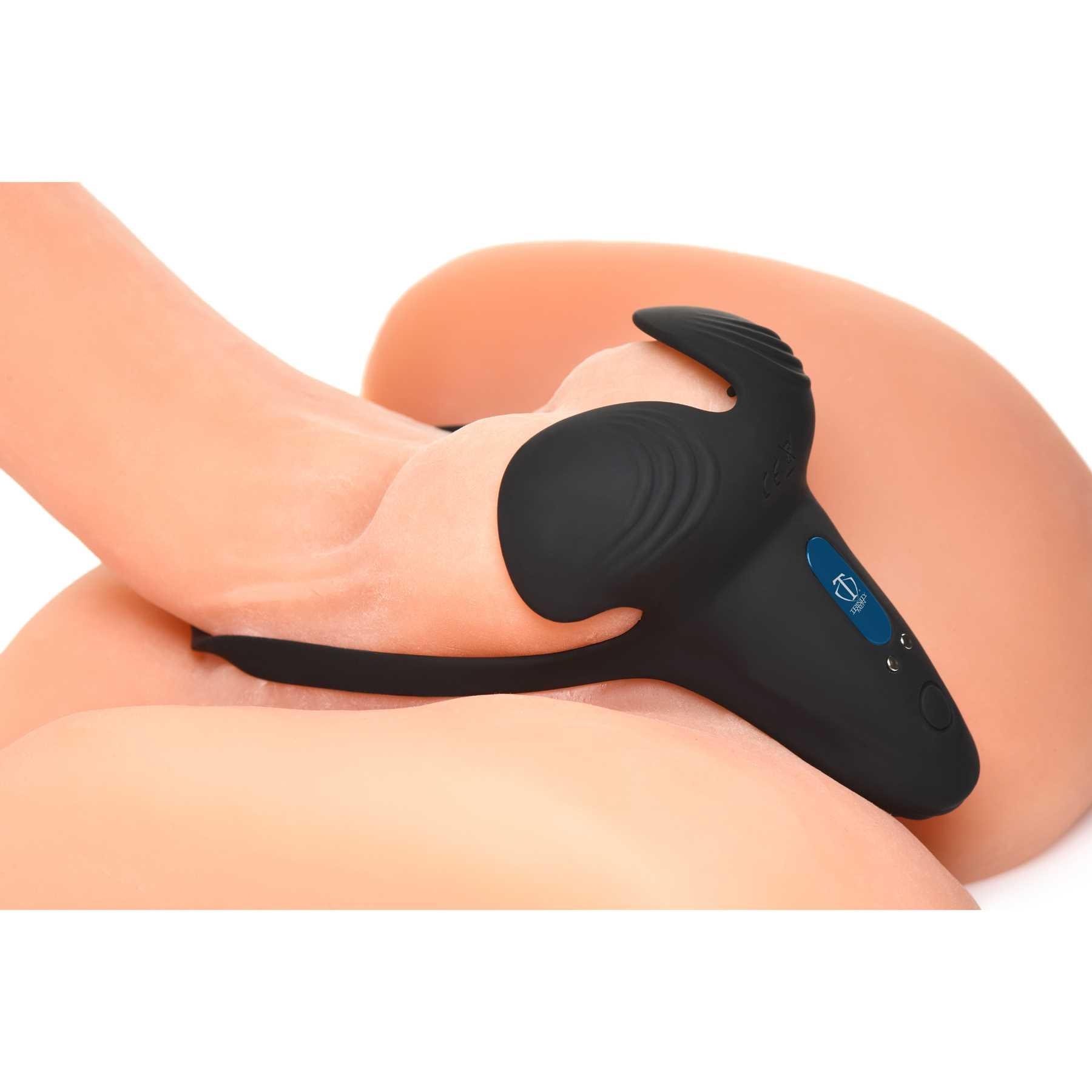 10X Silicone Cock & Ball Ring Taint Stimulator & Remote Control on scrotum side view