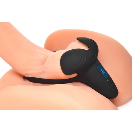 10X Silicone Cock & Ball Ring Taint Stimulator & Remote Control on scrotum side view