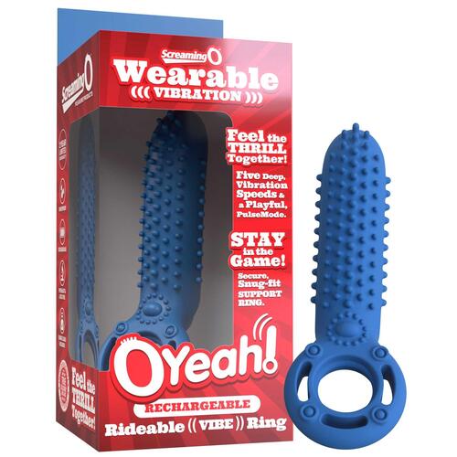 OYeah Rechargeable Vertical Vibrating Ring blue product with packaging