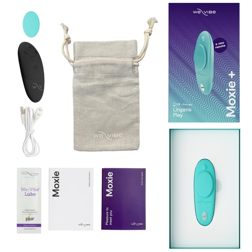 We-Vibe Moxie+ color aqua showing what's in the box