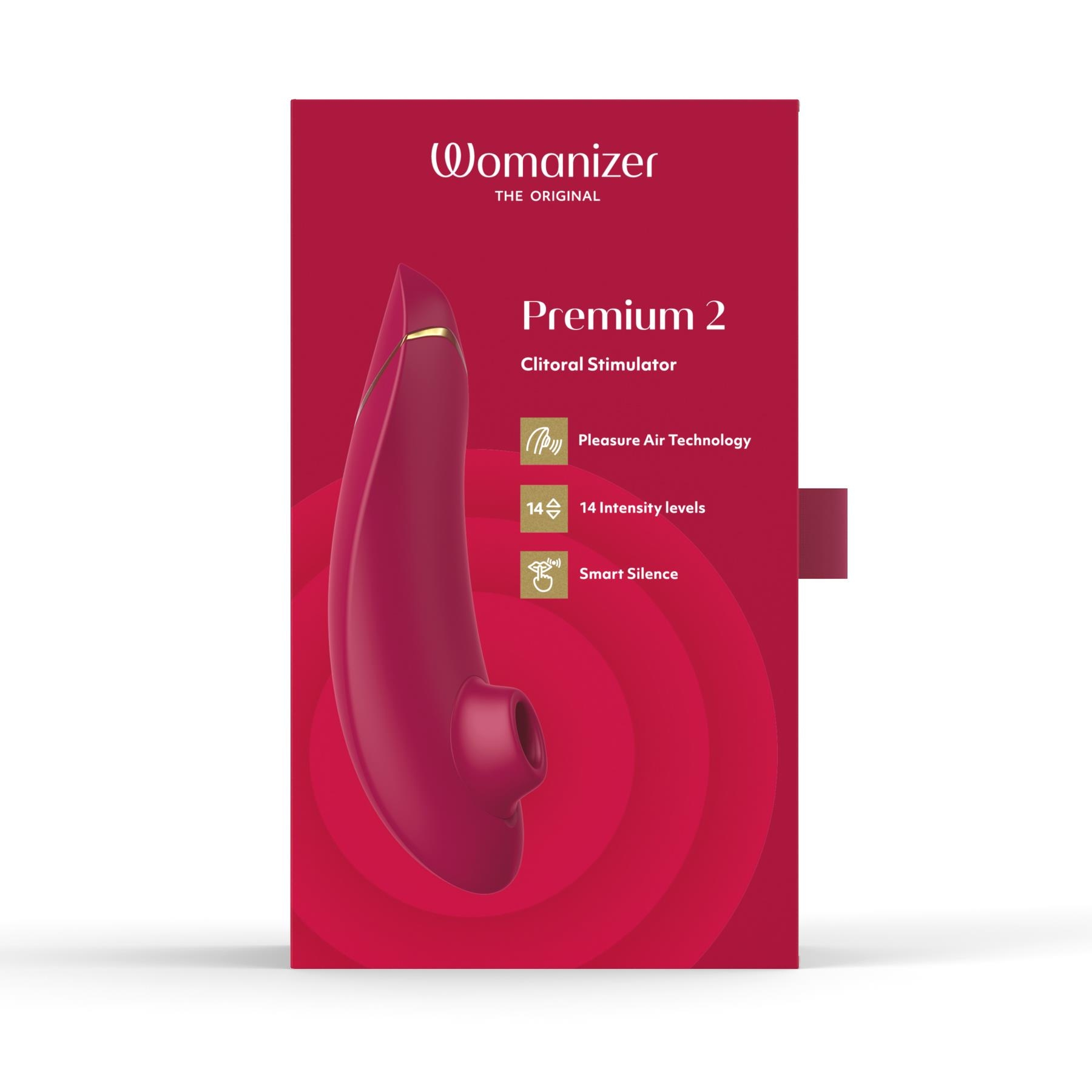 Womanizer Premium 2 Clitoral Stimulator - Burgundy package