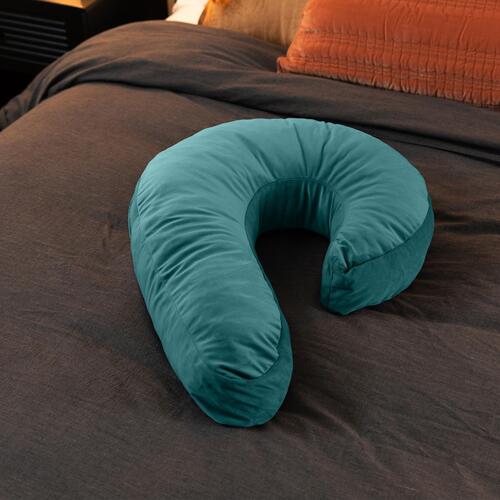 Liberator Side Snuggle Pillow color blue on bed