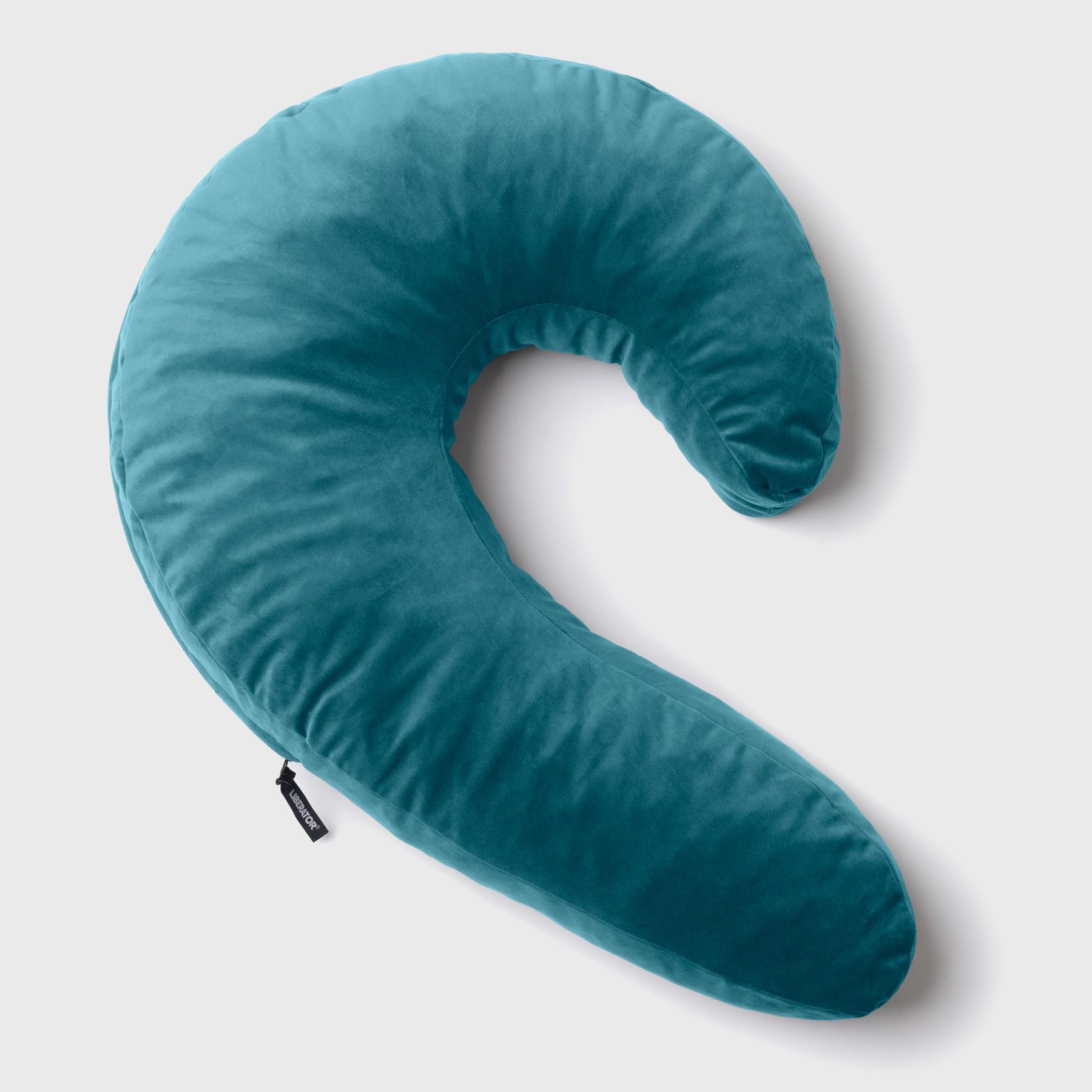Liberator Side Snuggle Pillow on bed close up color blue