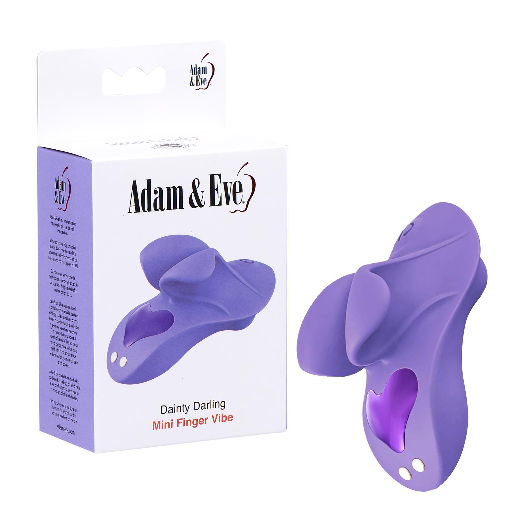 Adam & Eve Dainty Darling Mini Finger Vibe - Product and Packaging - Lilac