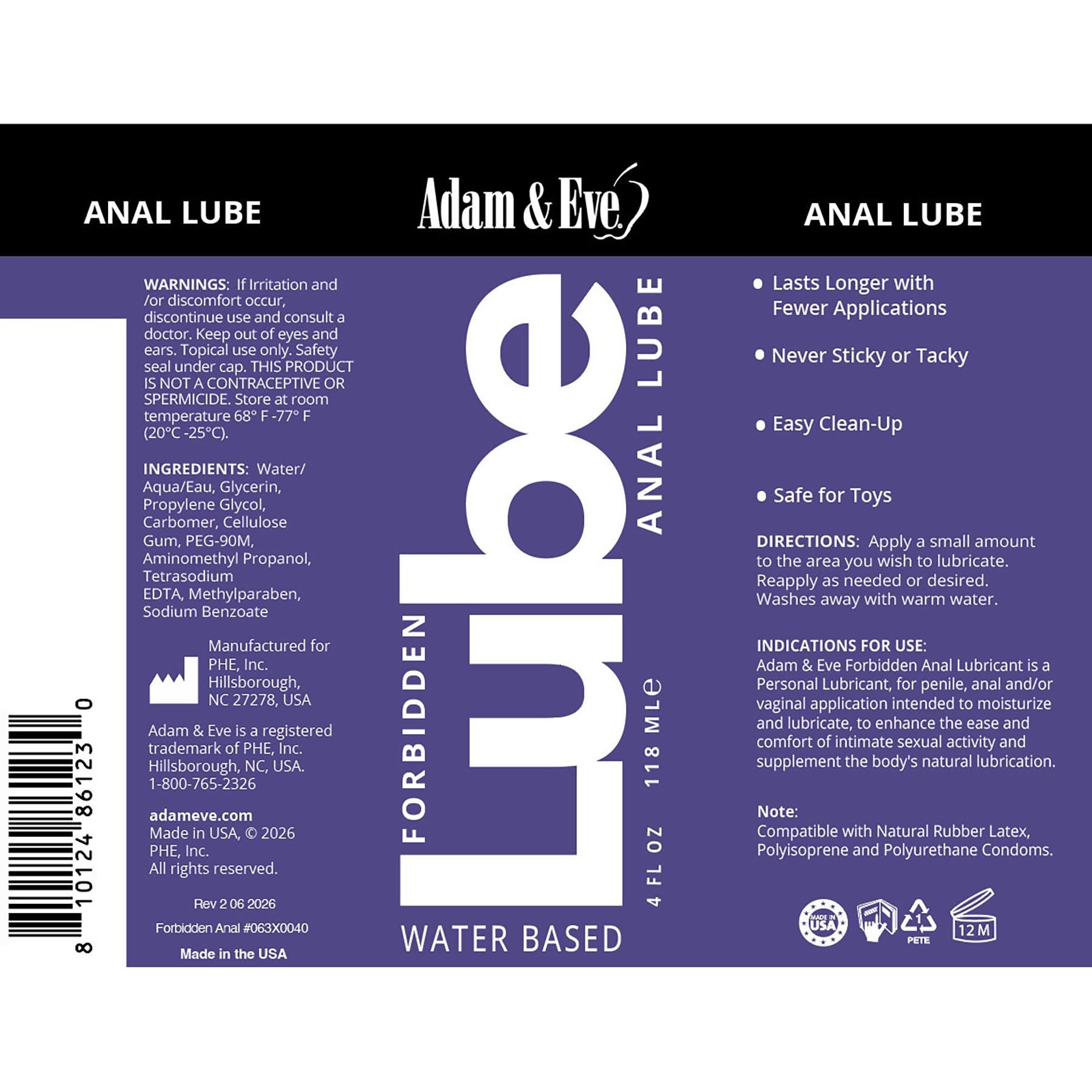 Adam & Eve Forbidden Anal Lubricant 4 oz label