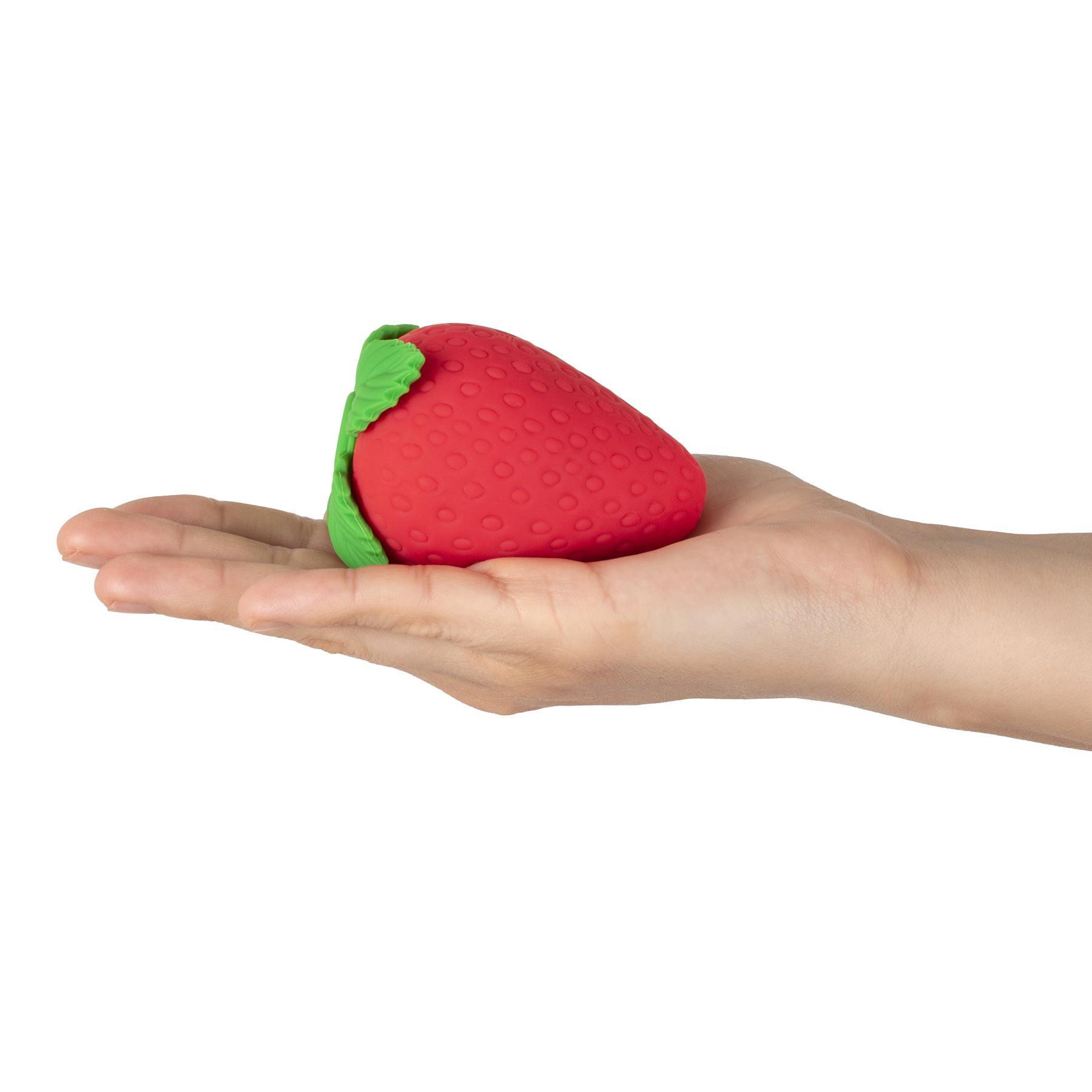 Emojibator Strawberry Emoji Suction Vibrator on hand view 3