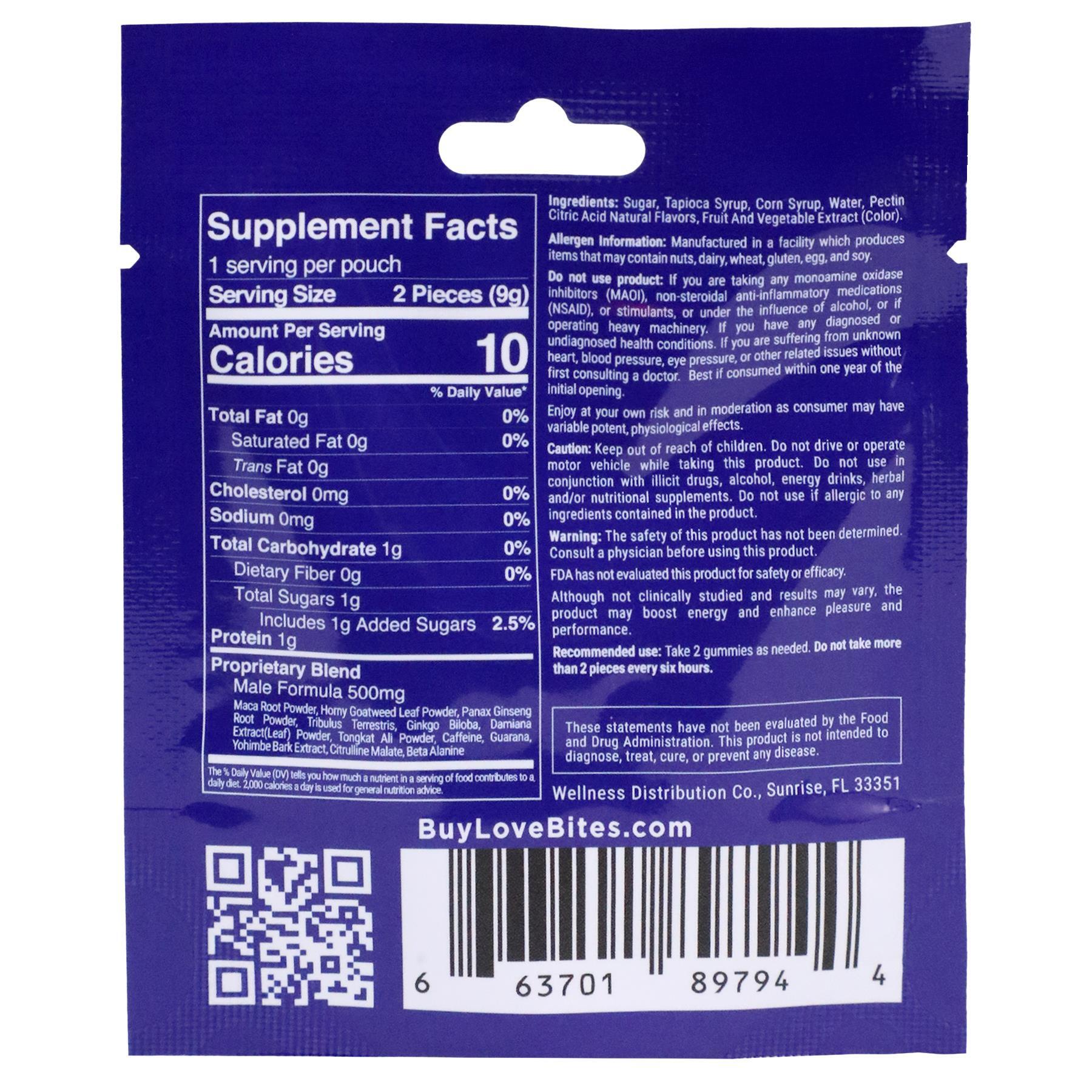 Love Bites - Male Enhancements Gummies -  2 pcs per pack - 0.3 oz. back of package