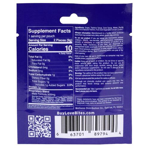 Love Bites - Male Enhancements Gummies -  2 pcs per pack - 0.3 oz. back of package