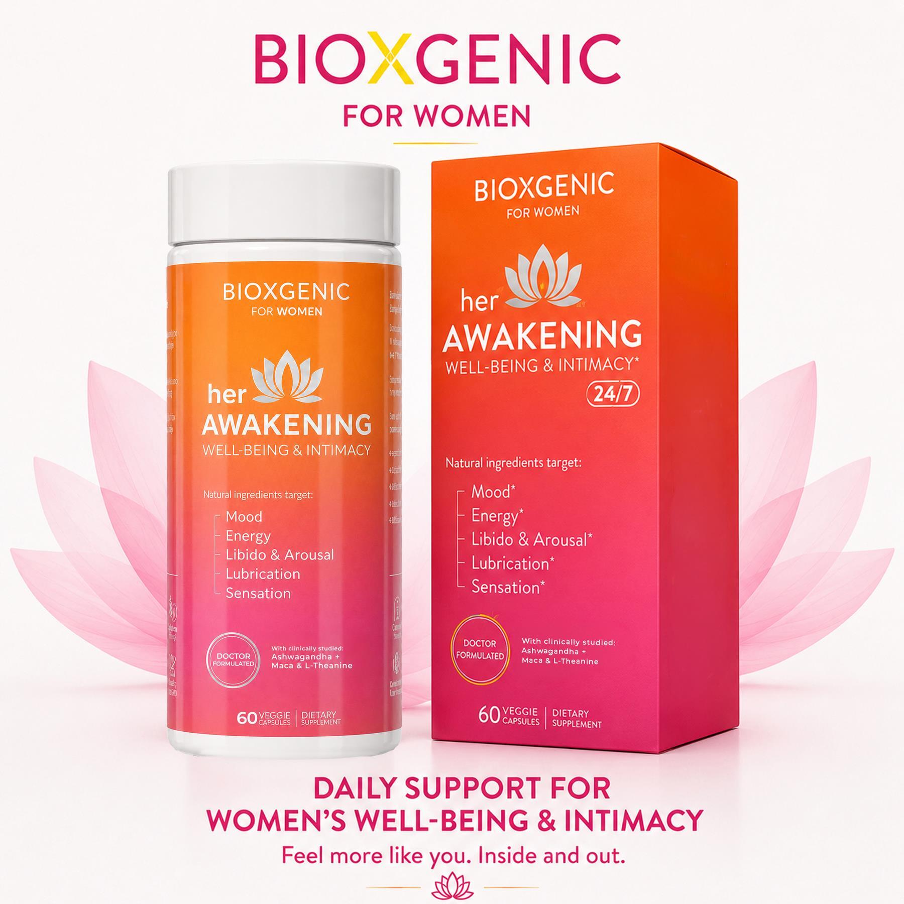 BioXGenic Her Awakening Well -Being & Intimacy Support box and bottle front