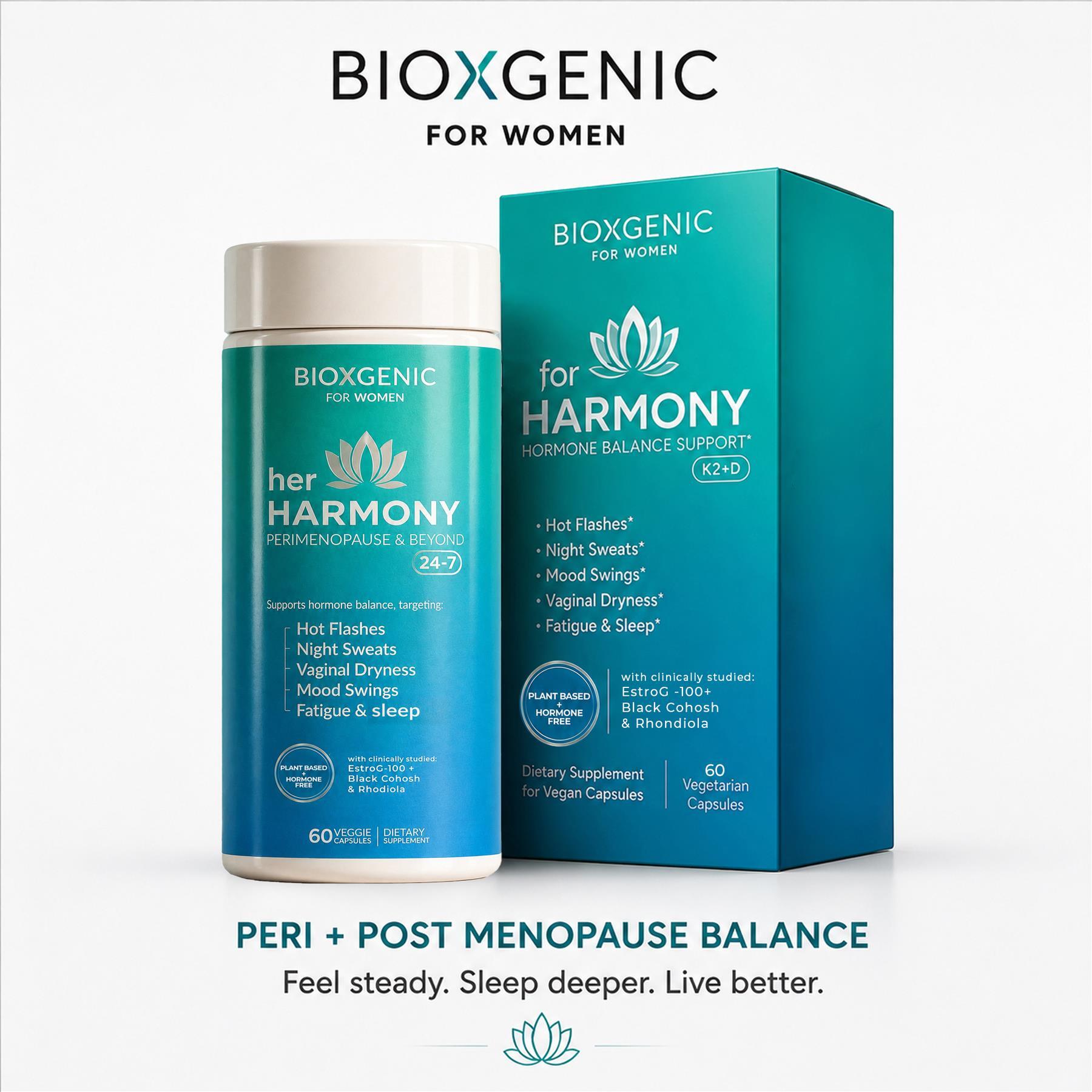 BioXgenic Her Harmony Peri+Post Menopause Balance bottle & box front