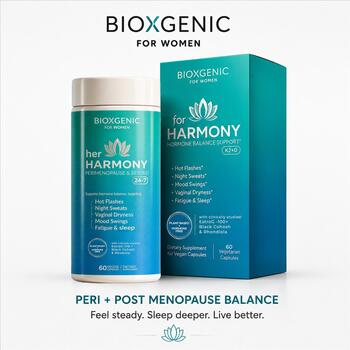 BioXgenic Her Harmony Peri+Post Menopause Balance bottle & box front