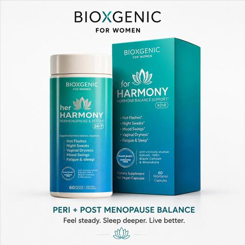 BioXgenic Her Harmony Peri+Post Menopause Balance bottle & box front