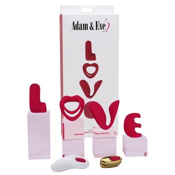 Adam & Eve L-O-V-E Interchangeable Vibrator Collection - Packaging and Product on Risers